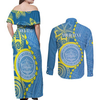 Personalised Palau Independence Day Couples Matching Off Shoulder Maxi Dress and Long Sleeve Button Shirt Belau Coat Of Arms Polynesian Curve Style LT14 - Polynesian Pride