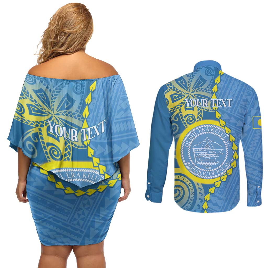 Personalised Palau Independence Day Couples Matching Off Shoulder Short Dress and Long Sleeve Button Shirt Belau Coat Of Arms Polynesian Curve Style LT14 - Polynesian Pride
