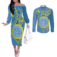 Personalised Palau Independence Day Couples Matching Off The Shoulder Long Sleeve Dress and Long Sleeve Button Shirt Belau Coat Of Arms Polynesian Curve Style LT14 Blue - Polynesian Pride