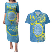 Personalised Palau Independence Day Couples Matching Puletasi and Hawaiian Shirt Belau Coat Of Arms Polynesian Curve Style LT14 Blue - Polynesian Pride