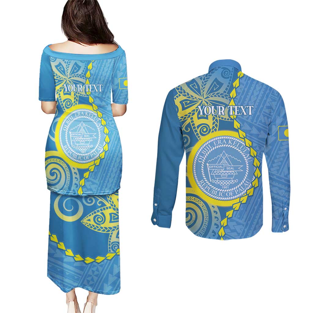Personalised Palau Independence Day Couples Matching Puletasi and Long Sleeve Button Shirt Belau Coat Of Arms Polynesian Curve Style LT14 - Polynesian Pride