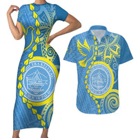 Personalised Palau Independence Day Couples Matching Short Sleeve Bodycon Dress and Hawaiian Shirt Belau Coat Of Arms Polynesian Curve Style LT14 Blue - Polynesian Pride