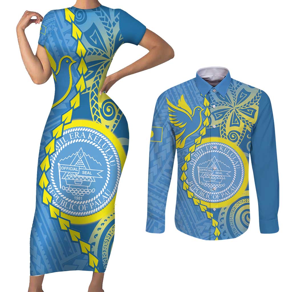 Personalised Palau Independence Day Couples Matching Short Sleeve Bodycon Dress and Long Sleeve Button Shirt Belau Coat Of Arms Polynesian Curve Style LT14 Blue - Polynesian Pride