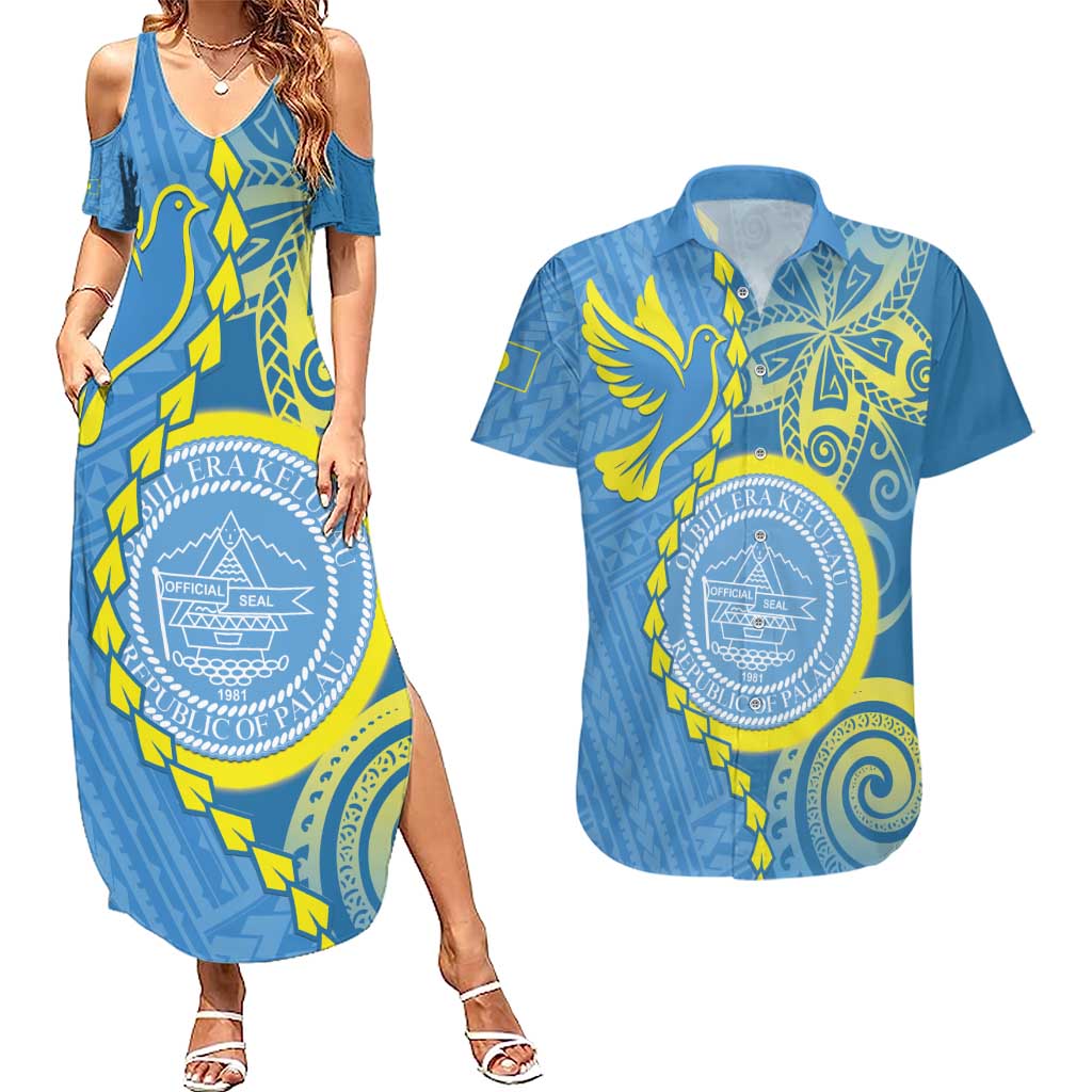 Personalised Palau Independence Day Couples Matching Summer Maxi Dress and Hawaiian Shirt Belau Coat Of Arms Polynesian Curve Style LT14 Blue - Polynesian Pride