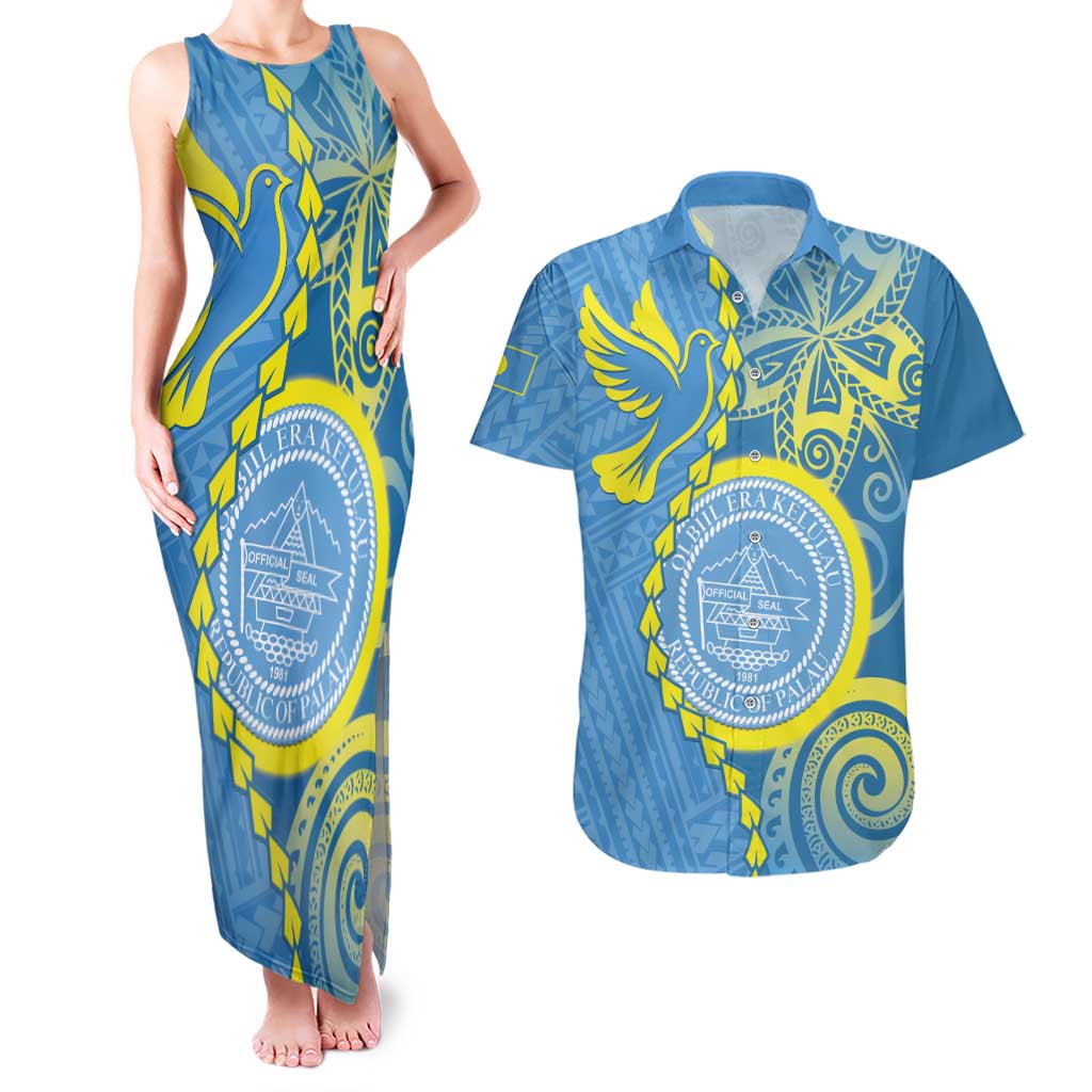 Personalised Palau Independence Day Couples Matching Tank Maxi Dress and Hawaiian Shirt Belau Coat Of Arms Polynesian Curve Style LT14 Blue - Polynesian Pride