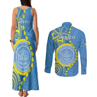 Personalised Palau Independence Day Couples Matching Tank Maxi Dress and Long Sleeve Button Shirt Belau Coat Of Arms Polynesian Curve Style LT14 - Polynesian Pride