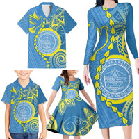 Personalised Palau Independence Day Family Matching Long Sleeve Bodycon Dress and Hawaiian Shirt Belau Coat Of Arms Polynesian Curve Style LT14 - Polynesian Pride