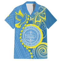 Personalised Palau Independence Day Family Matching Long Sleeve Bodycon Dress and Hawaiian Shirt Belau Coat Of Arms Polynesian Curve Style LT14 Dad's Shirt - Short Sleeve Blue - Polynesian Pride