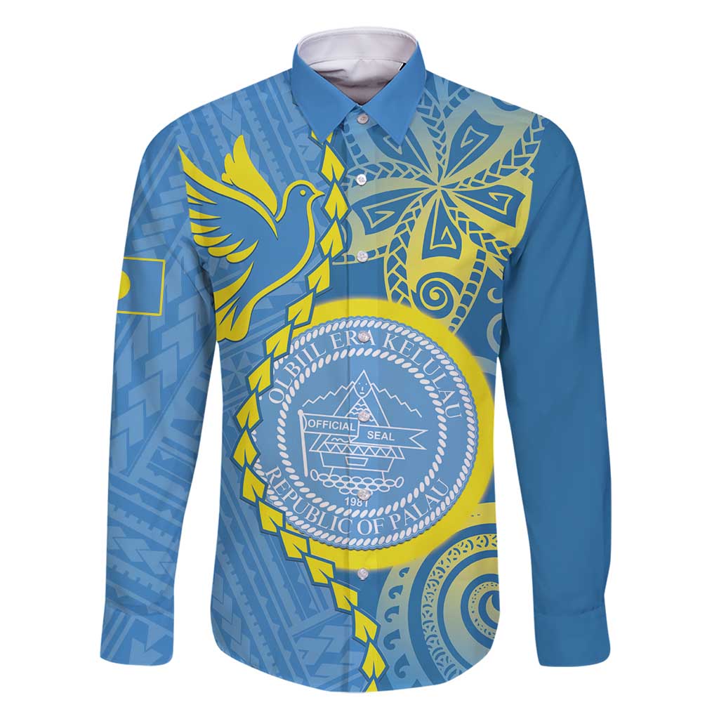 Personalised Palau Independence Day Family Matching Long Sleeve Bodycon Dress and Hawaiian Shirt Belau Coat Of Arms Polynesian Curve Style LT14 Dad's Shirt - Long Sleeve Blue - Polynesian Pride