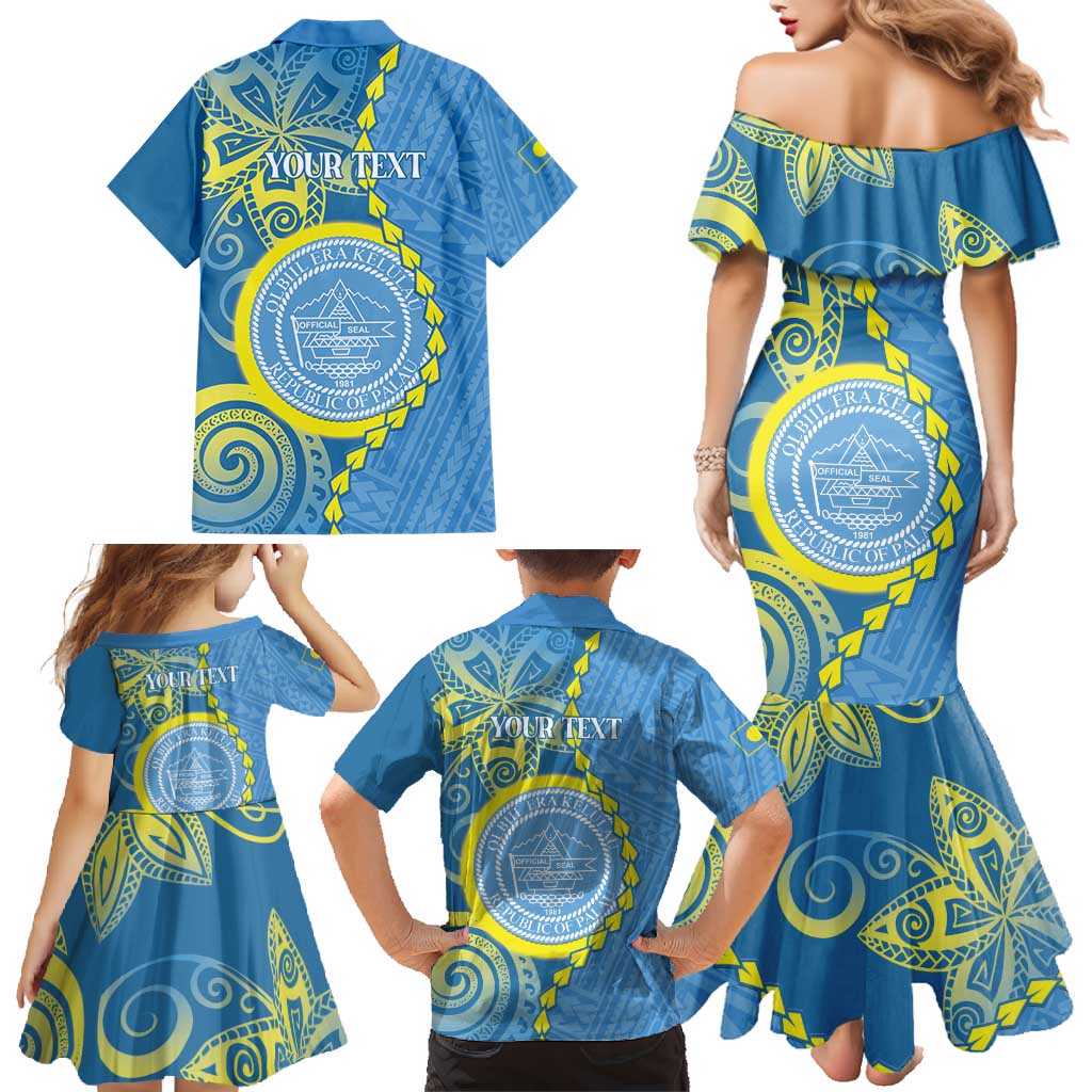 Personalised Palau Independence Day Family Matching Mermaid Dress and Hawaiian Shirt Belau Coat Of Arms Polynesian Curve Style LT14 - Polynesian Pride