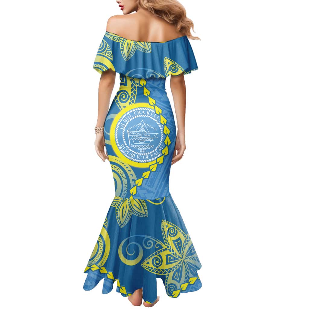 Personalised Palau Independence Day Family Matching Mermaid Dress and Hawaiian Shirt Belau Coat Of Arms Polynesian Curve Style LT14 - Polynesian Pride