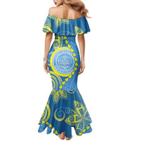 Personalised Palau Independence Day Family Matching Mermaid Dress and Hawaiian Shirt Belau Coat Of Arms Polynesian Curve Style LT14 - Polynesian Pride
