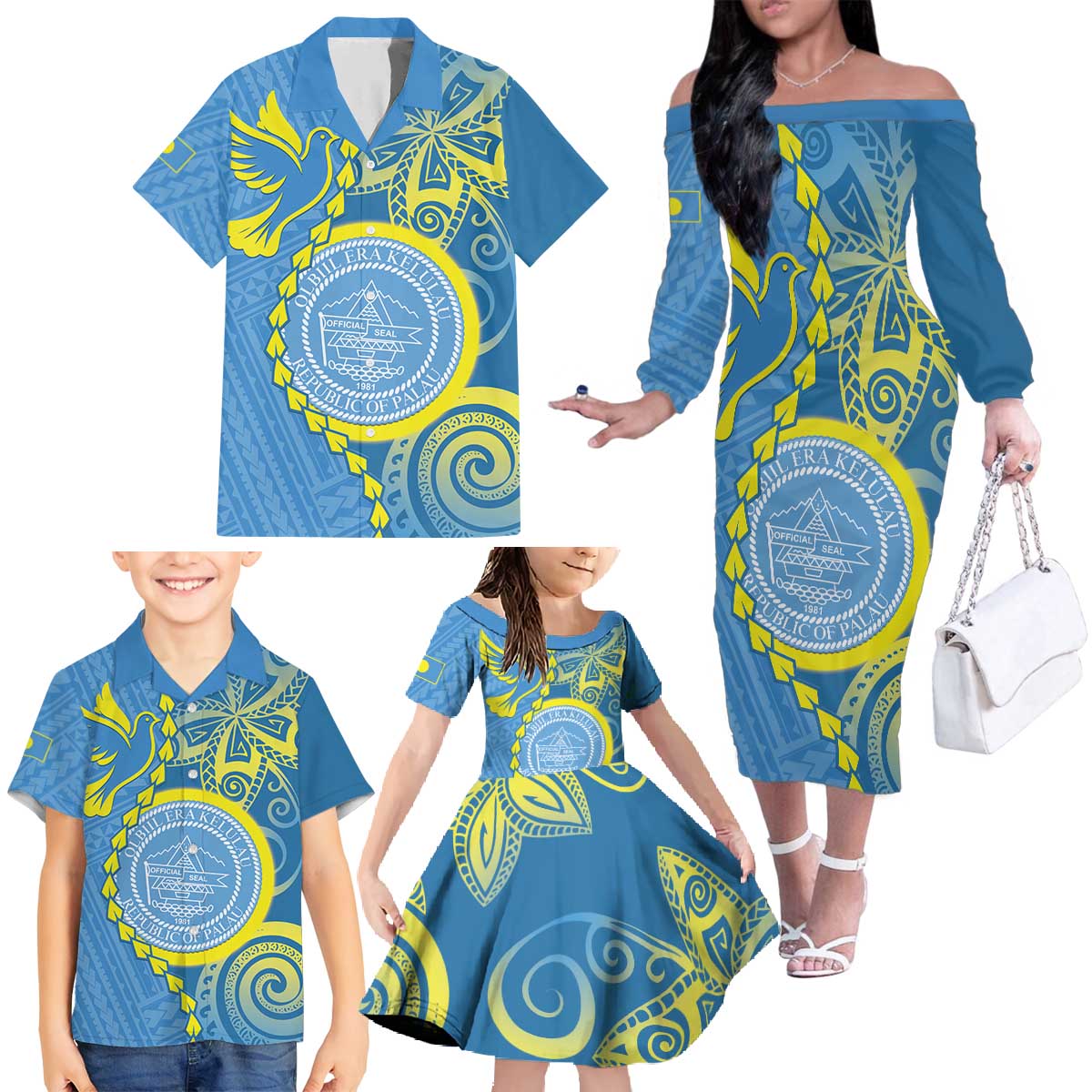 Personalised Palau Independence Day Family Matching Off The Shoulder Long Sleeve Dress and Hawaiian Shirt Belau Coat Of Arms Polynesian Curve Style LT14 - Polynesian Pride