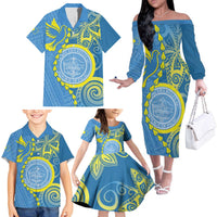 Personalised Palau Independence Day Family Matching Off The Shoulder Long Sleeve Dress and Hawaiian Shirt Belau Coat Of Arms Polynesian Curve Style LT14 - Polynesian Pride