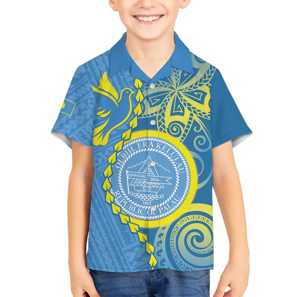 Personalised Palau Independence Day Family Matching Off The Shoulder Long Sleeve Dress and Hawaiian Shirt Belau Coat Of Arms Polynesian Curve Style LT14 Son's Shirt Blue - Polynesian Pride