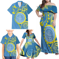 Personalised Palau Independence Day Family Matching Off Shoulder Maxi Dress and Hawaiian Shirt Belau Coat Of Arms Polynesian Curve Style LT14 - Polynesian Pride