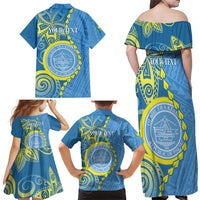 Personalised Palau Independence Day Family Matching Off Shoulder Maxi Dress and Hawaiian Shirt Belau Coat Of Arms Polynesian Curve Style LT14 - Polynesian Pride