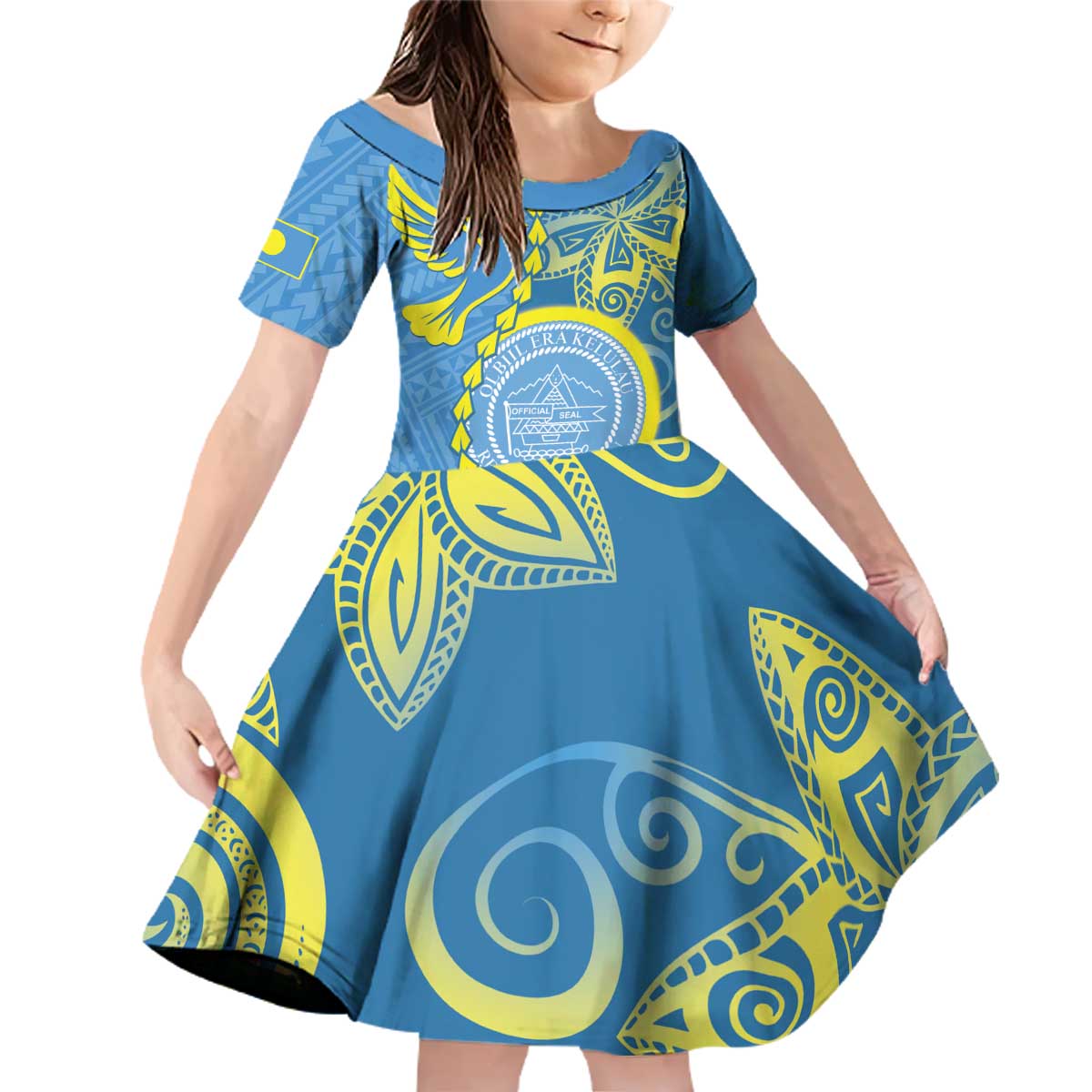 Personalised Palau Independence Day Family Matching Off Shoulder Short Dress and Hawaiian Shirt Belau Coat Of Arms Polynesian Curve Style LT14 Daughter's Dress Blue - Polynesian Pride