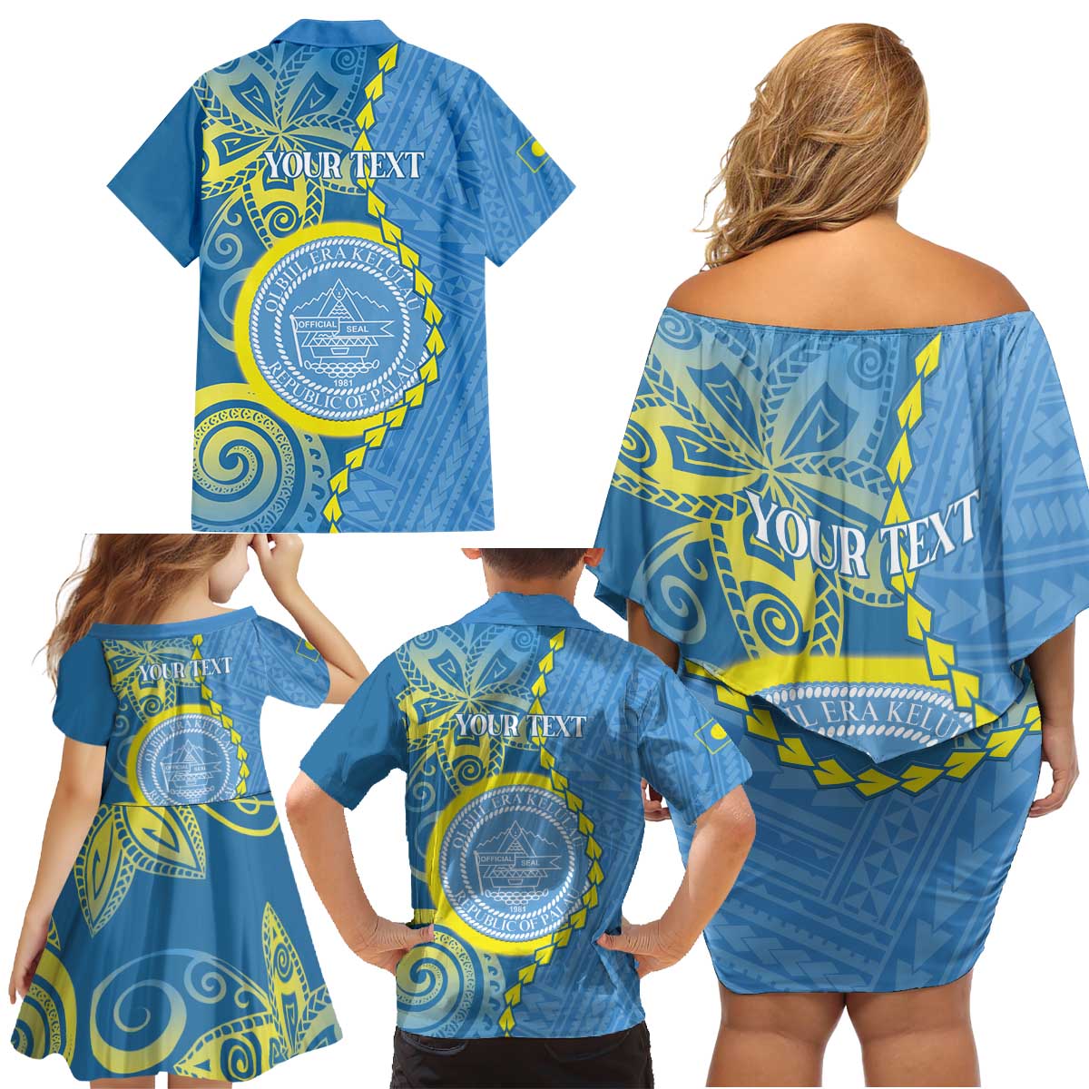 Personalised Palau Independence Day Family Matching Off Shoulder Short Dress and Hawaiian Shirt Belau Coat Of Arms Polynesian Curve Style LT14 - Polynesian Pride