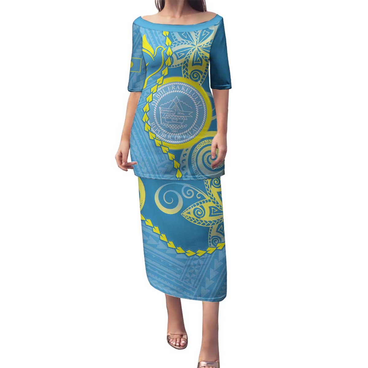 Personalised Palau Independence Day Family Matching Puletasi and Hawaiian Shirt Belau Coat Of Arms Polynesian Curve Style LT14 Mom's Dress Blue - Polynesian Pride