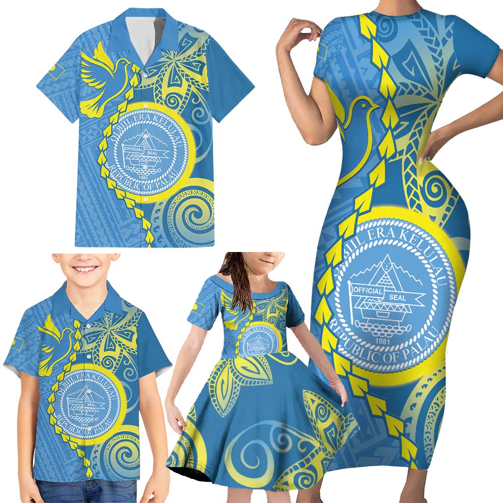 Personalised Palau Independence Day Family Matching Short Sleeve Bodycon Dress and Hawaiian Shirt Belau Coat Of Arms Polynesian Curve Style LT14 - Polynesian Pride