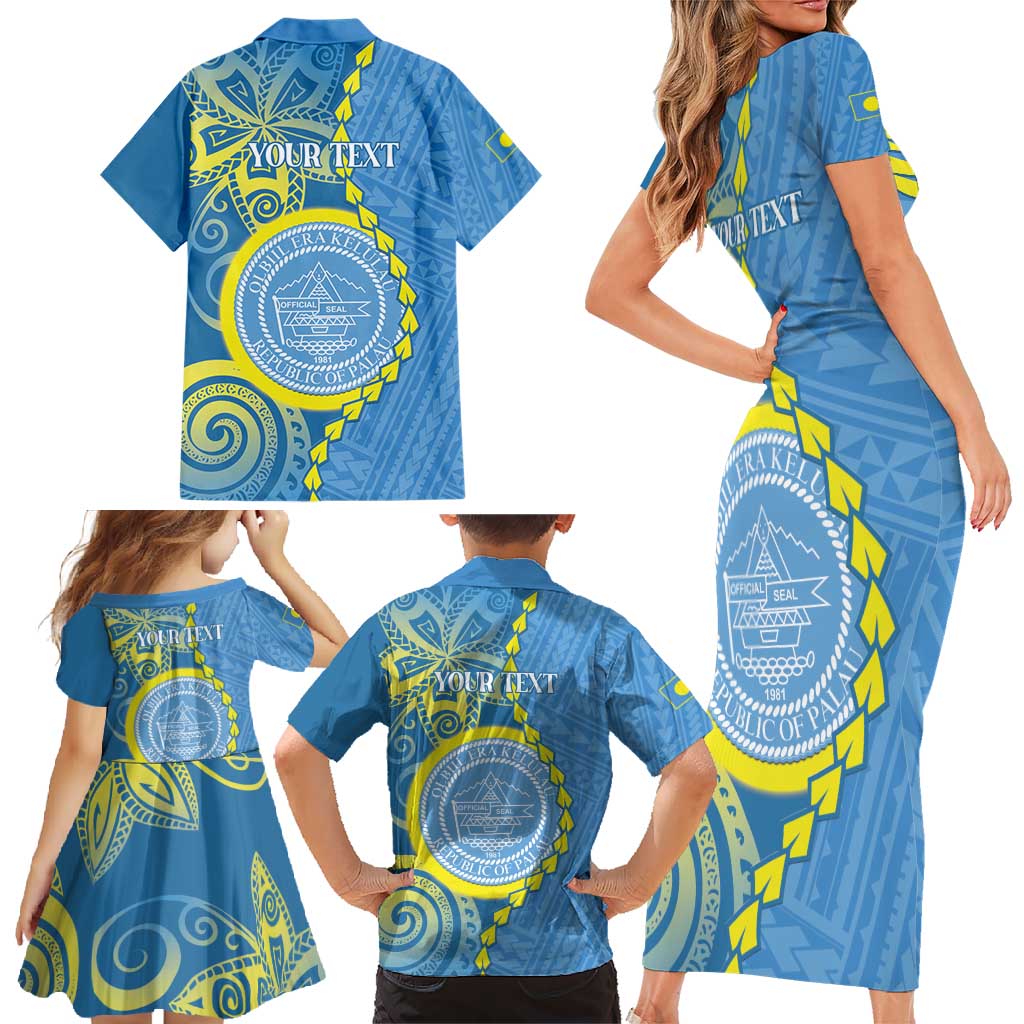 Personalised Palau Independence Day Family Matching Short Sleeve Bodycon Dress and Hawaiian Shirt Belau Coat Of Arms Polynesian Curve Style LT14 - Polynesian Pride