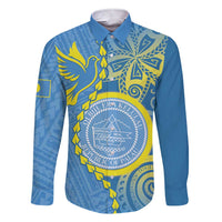 Personalised Palau Independence Day Family Matching Short Sleeve Bodycon Dress and Hawaiian Shirt Belau Coat Of Arms Polynesian Curve Style LT14 Dad's Shirt - Long Sleeve Blue - Polynesian Pride
