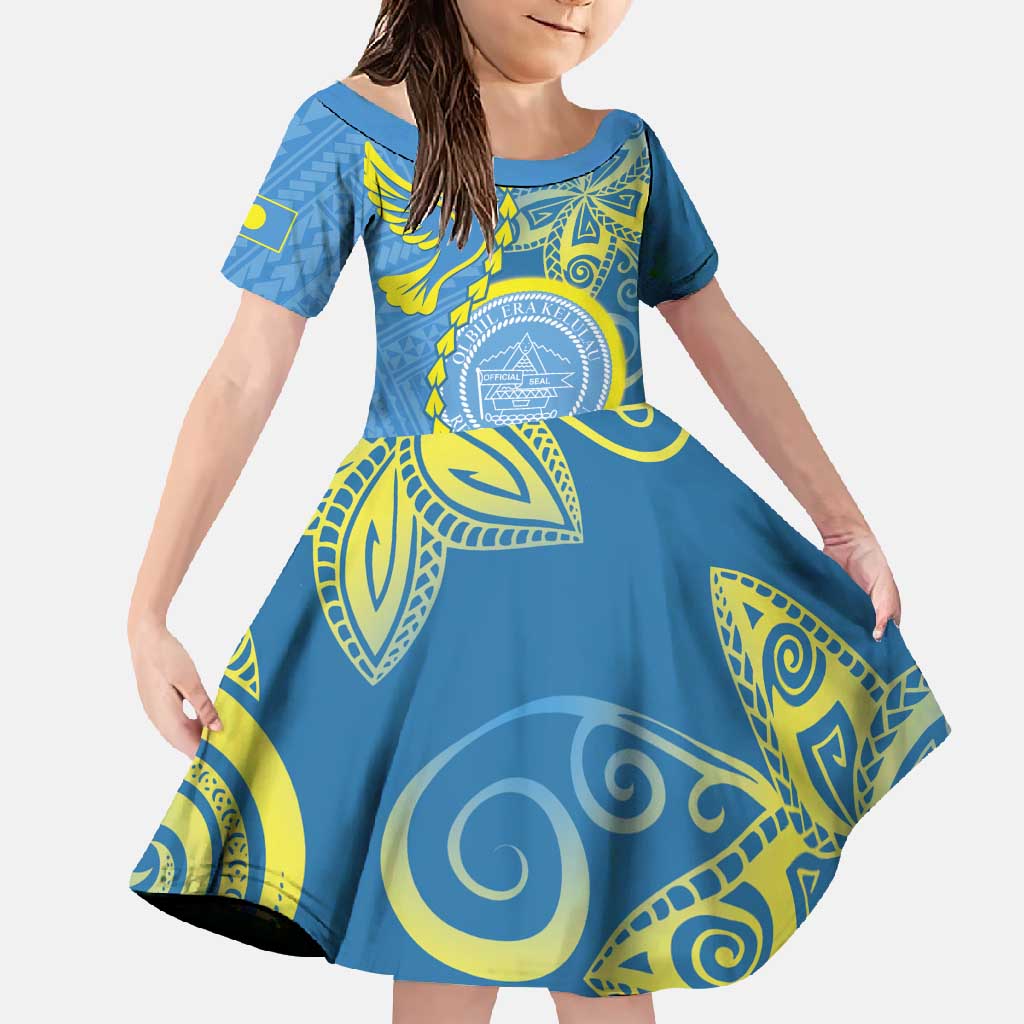 Personalised Palau Independence Day Family Matching Summer Maxi Dress and Hawaiian Shirt Belau Coat Of Arms Polynesian Curve Style LT14 Daughter's Dress Blue - Polynesian Pride