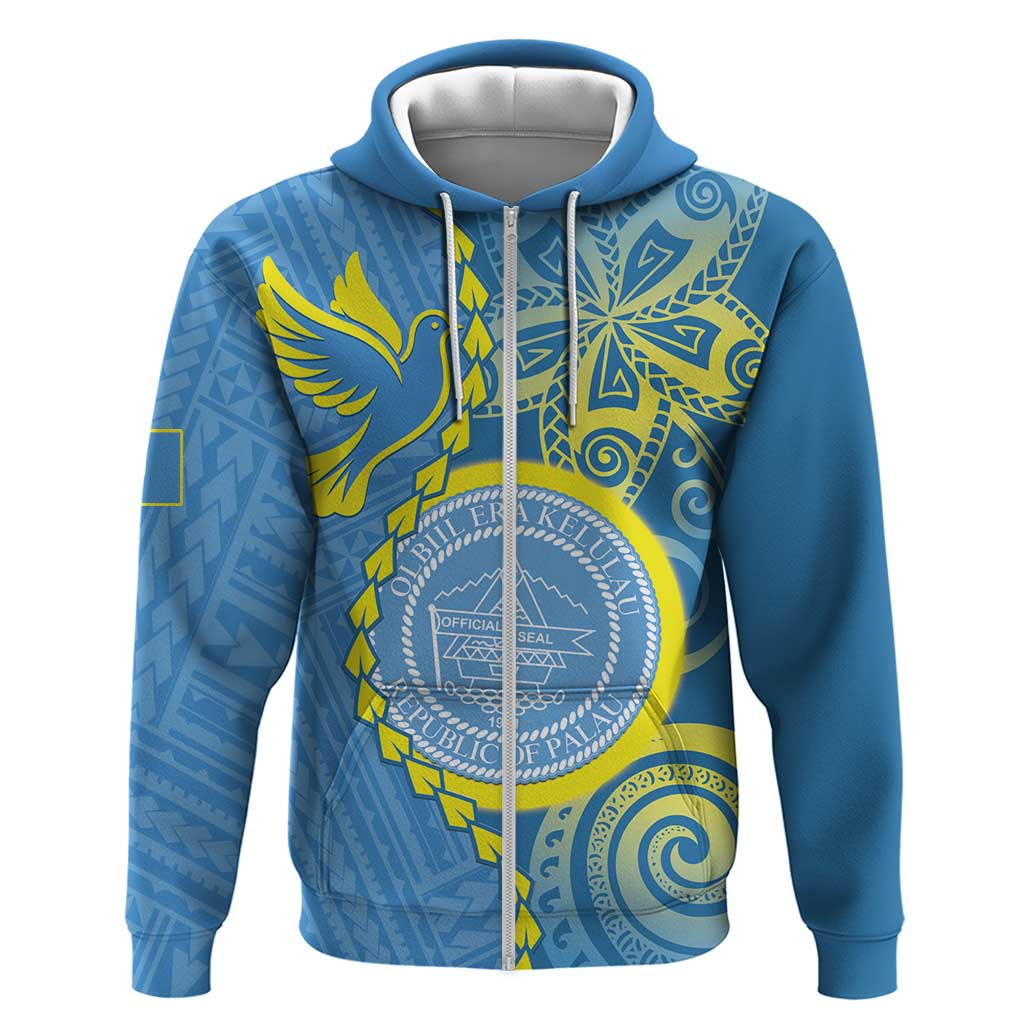Personalised Palau Independence Day Hoodie Belau Coat Of Arms Polynesian Curve Style LT14 Zip Hoodie Blue - Polynesian Pride