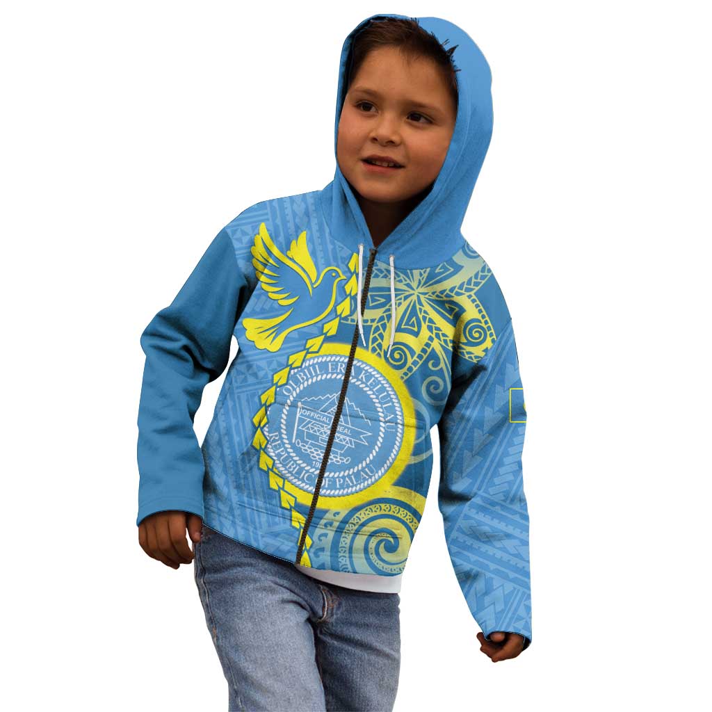 Personalised Palau Independence Day Kid Hoodie Belau Coat Of Arms Polynesian Curve Style LT14 - Polynesian Pride