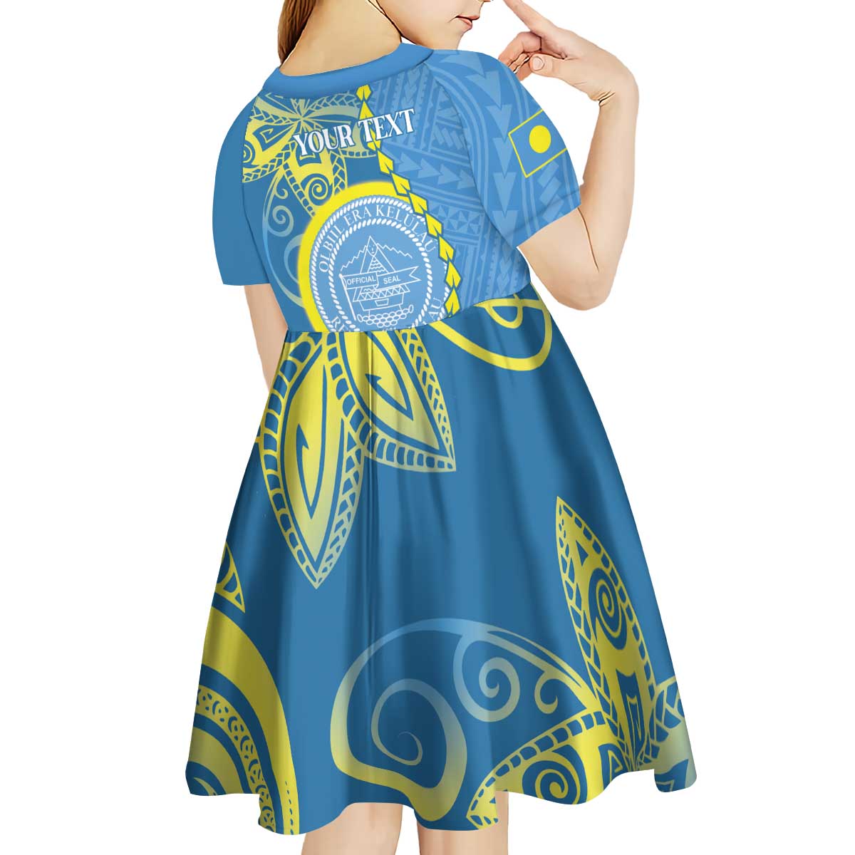 Personalised Palau Independence Day Kid Short Sleeve Dress Belau Coat Of Arms Polynesian Curve Style LT14 - Polynesian Pride