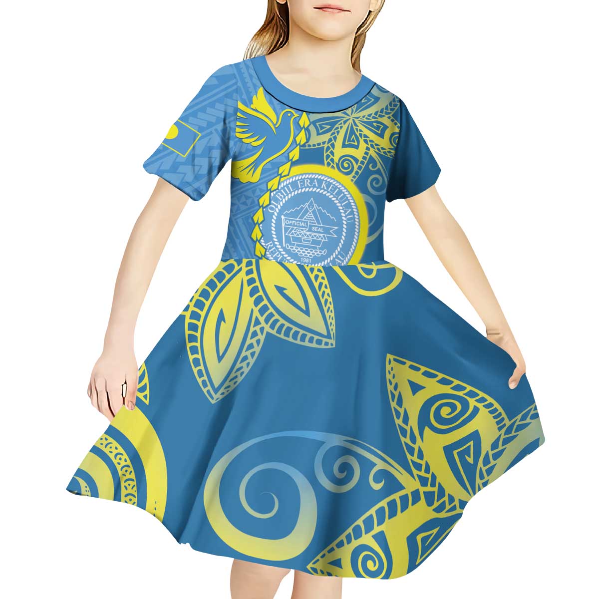 Personalised Palau Independence Day Kid Short Sleeve Dress Belau Coat Of Arms Polynesian Curve Style LT14 - Polynesian Pride