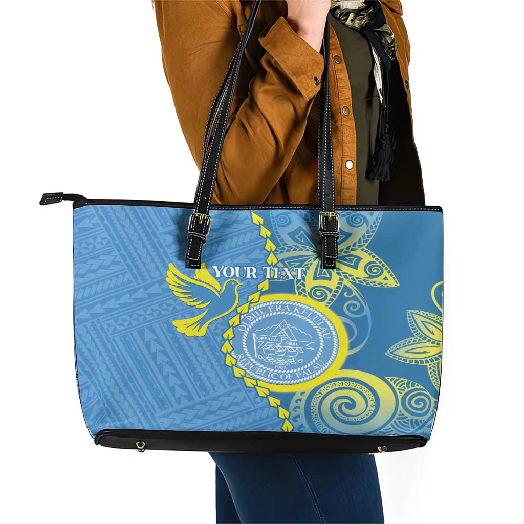 Personalised Palau Independence Day Leather Tote Bag Belau Coat Of Arms Polynesian Curve Style