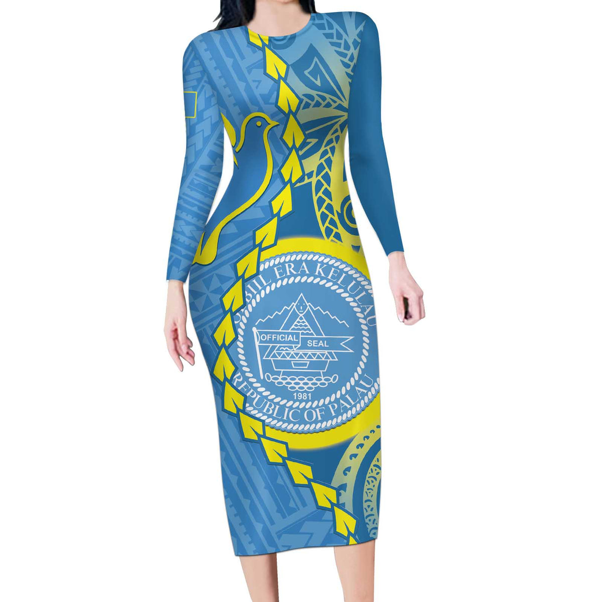 Personalised Palau Independence Day Long Sleeve Bodycon Dress Belau Coat Of Arms Polynesian Curve Style LT14 Long Dress Blue - Polynesian Pride