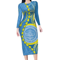 Personalised Palau Independence Day Long Sleeve Bodycon Dress Belau Coat Of Arms Polynesian Curve Style LT14 Long Dress Blue - Polynesian Pride