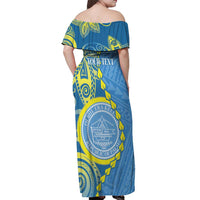 Personalised Palau Independence Day Off Shoulder Maxi Dress Belau Coat Of Arms Polynesian Curve Style LT14 - Polynesian Pride
