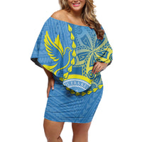 Personalised Palau Independence Day Off Shoulder Short Dress Belau Coat Of Arms Polynesian Curve Style LT14 Women Blue - Polynesian Pride