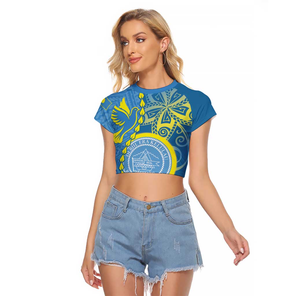 Personalised Palau Independence Day Raglan Cropped T Shirt Belau Coat Of Arms Polynesian Curve Style LT14 Female Blue - Polynesian Pride