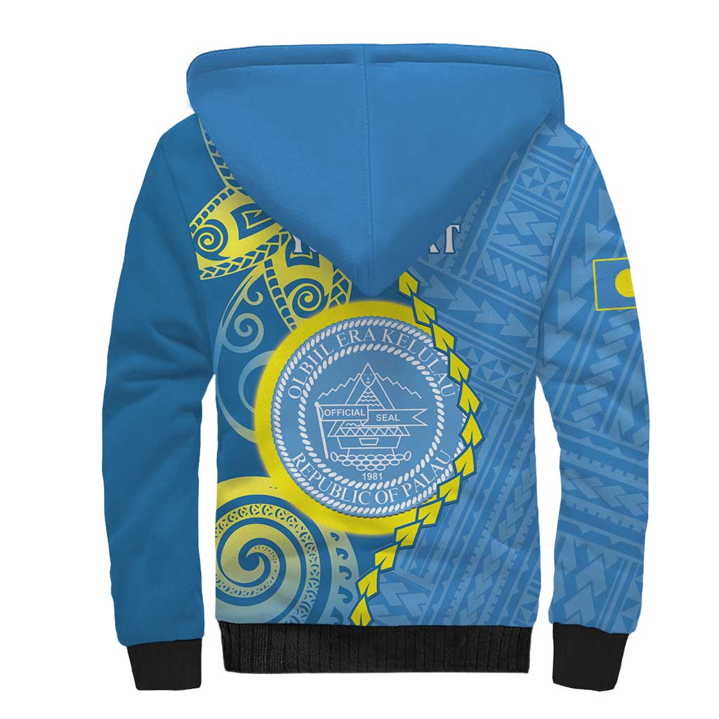 Personalised Palau Independence Day Sherpa Hoodie Belau Coat Of Arms Polynesian Curve Style LT14 - Polynesian Pride