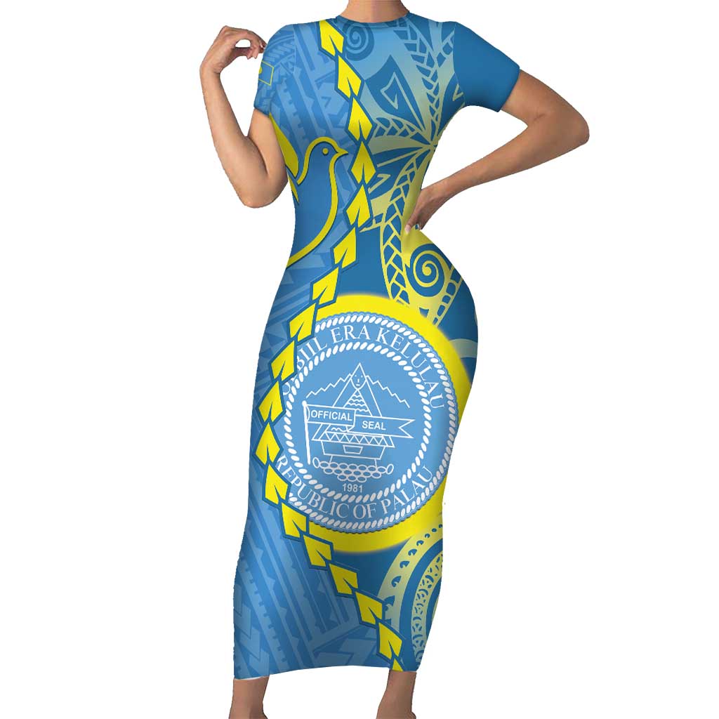Personalised Palau Independence Day Short Sleeve Bodycon Dress Belau Coat Of Arms Polynesian Curve Style LT14 Long Dress Blue - Polynesian Pride