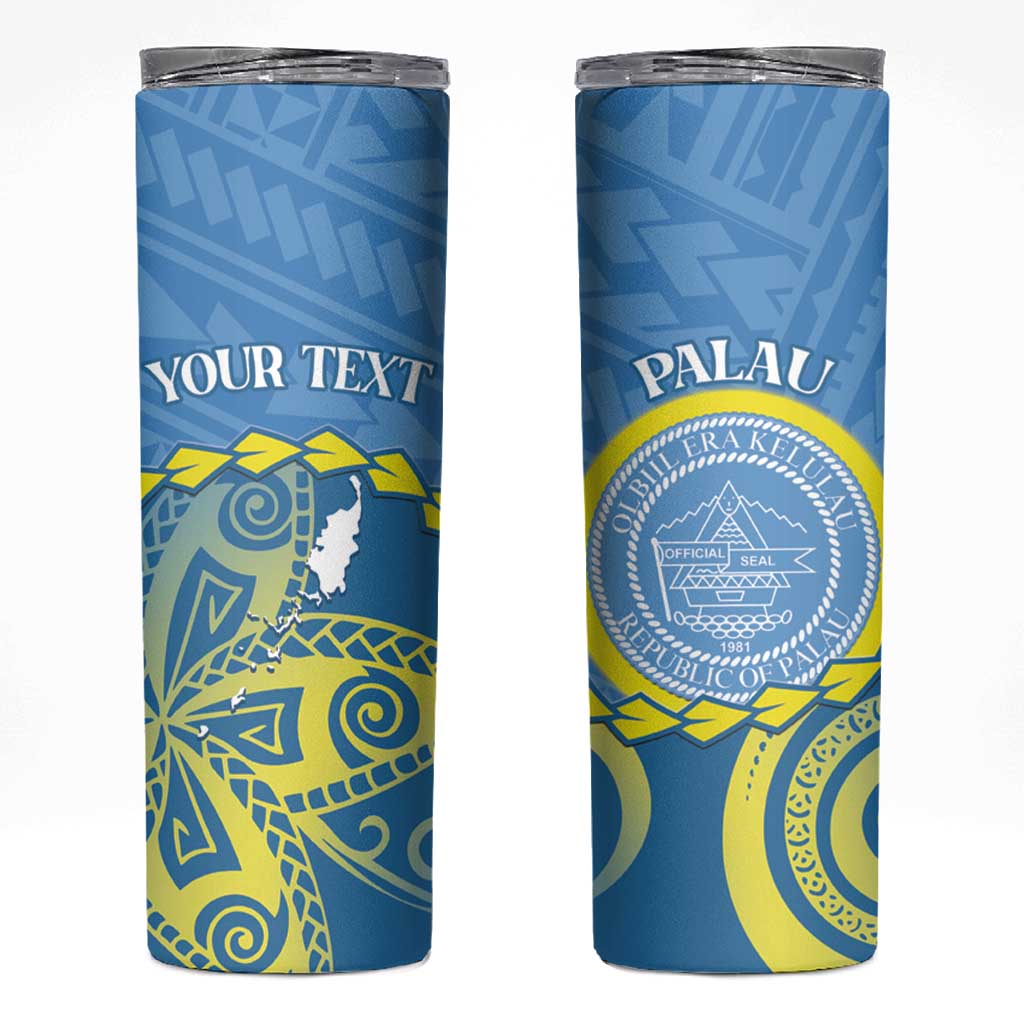 Personalised Palau Independence Day Skinny Tumbler Belau Coat Of Arms Polynesian Curve Style LT14 Blue - Polynesian Pride