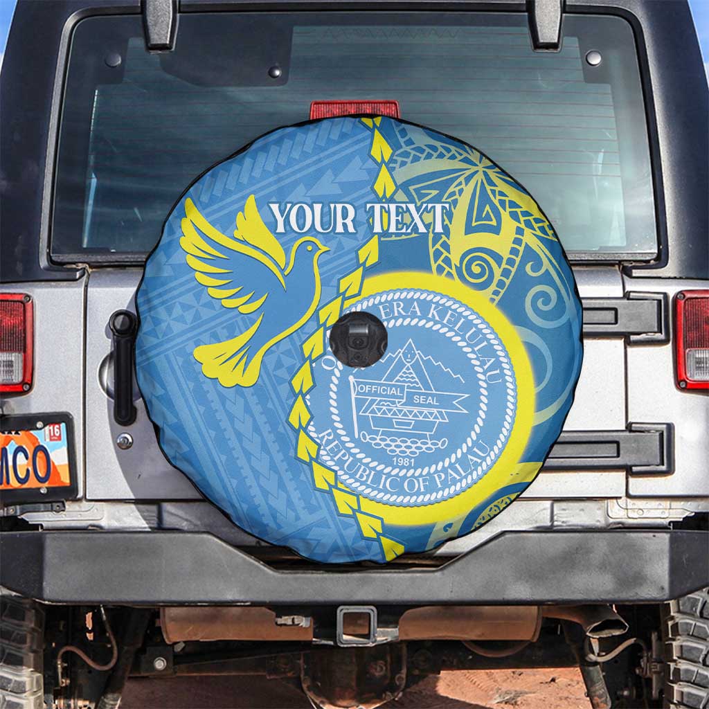 Personalised Palau Independence Day Spare Tire Cover Belau Coat Of Arms Polynesian Curve Style LT14 Blue - Polynesian Pride