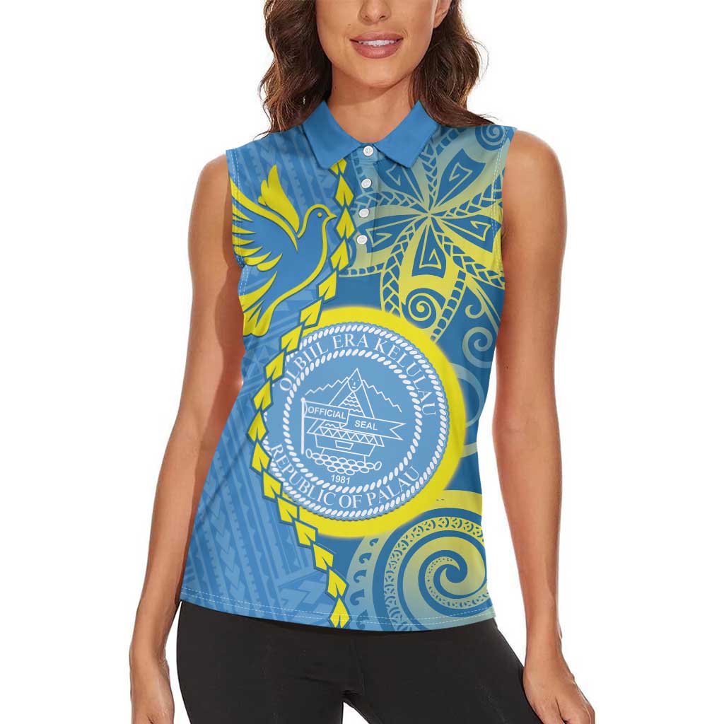 Personalised Palau Independence Day Women Sleeveless Polo Shirt Belau Coat Of Arms Polynesian Curve Style LT14 - Polynesian Pride