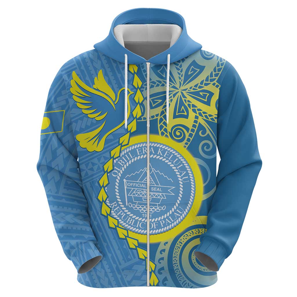 Personalised Palau Independence Day Zip Hoodie Belau Coat Of Arms Polynesian Curve Style LT14 - Polynesian Pride