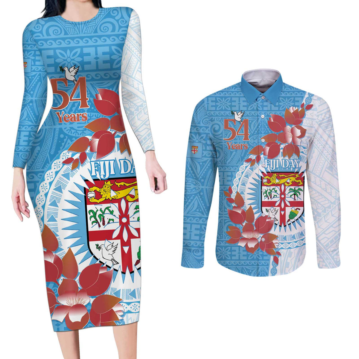 Personalised Fiji Day Couples Matching Long Sleeve Bodycon Dress and Long Sleeve Button Shirt Fijian Tapa Pattern Mix Tagimoucia - Blue Version LT14 Blue - Polynesian Pride