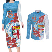 Personalised Fiji Day Couples Matching Long Sleeve Bodycon Dress and Long Sleeve Button Shirt Fijian Tapa Pattern Mix Tagimoucia - Blue Version LT14 Blue - Polynesian Pride
