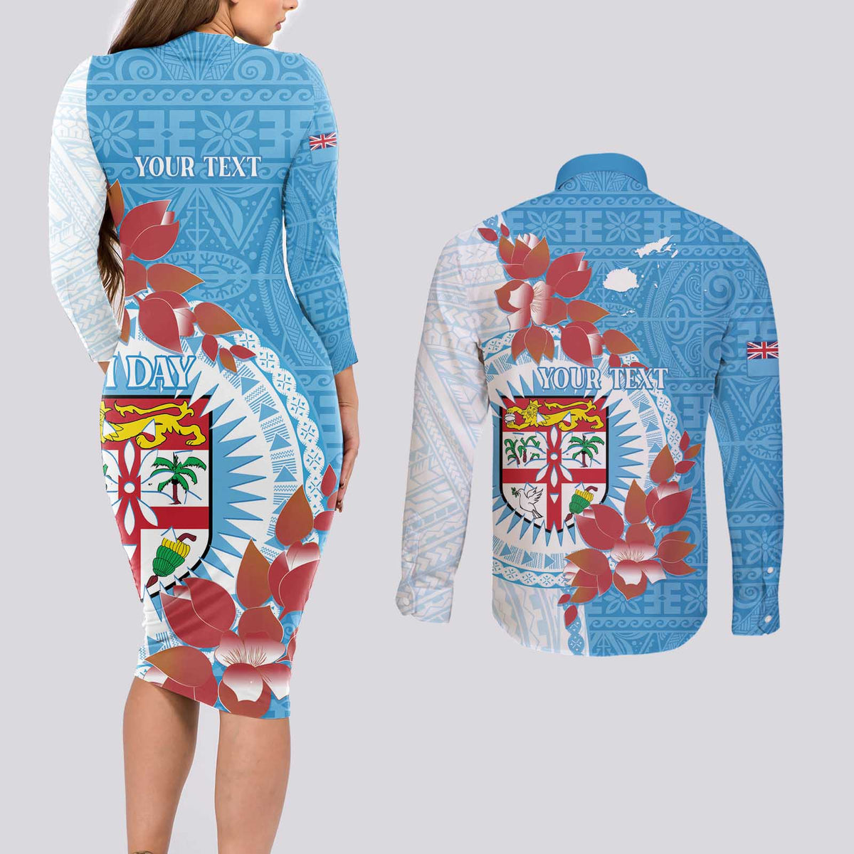 Personalised Fiji Day Couples Matching Long Sleeve Bodycon Dress and Long Sleeve Button Shirt Fijian Tapa Pattern Mix Tagimoucia - Blue Version LT14 - Polynesian Pride
