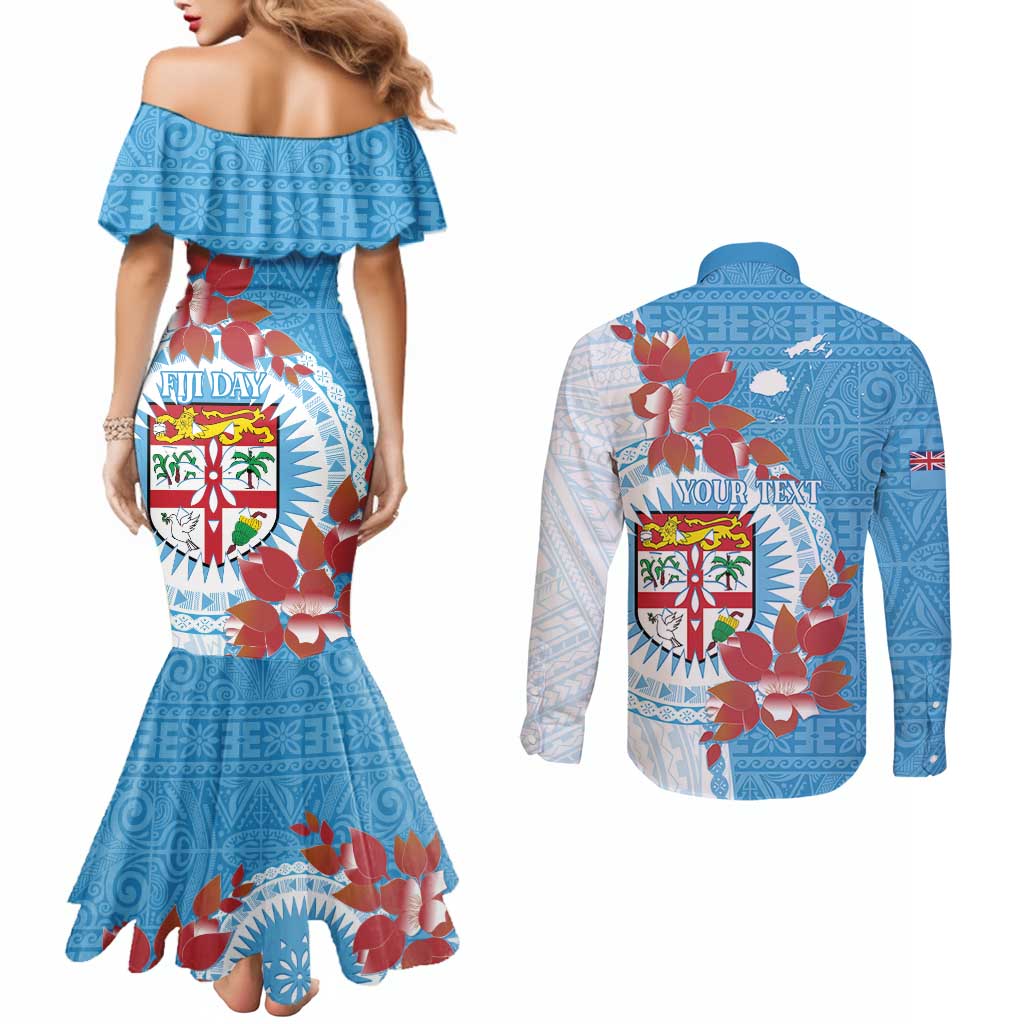 Personalised Fiji Day Couples Matching Mermaid Dress and Long Sleeve Button Shirt Fijian Tapa Pattern Mix Tagimoucia - Blue Version LT14 - Polynesian Pride