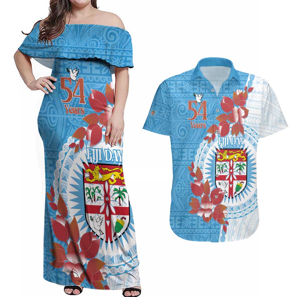Personalised Fiji Day Couples Matching Off Shoulder Maxi Dress and Hawaiian Shirt Fijian Tapa Pattern Mix Tagimoucia - Blue Version LT14 Blue - Polynesian Pride