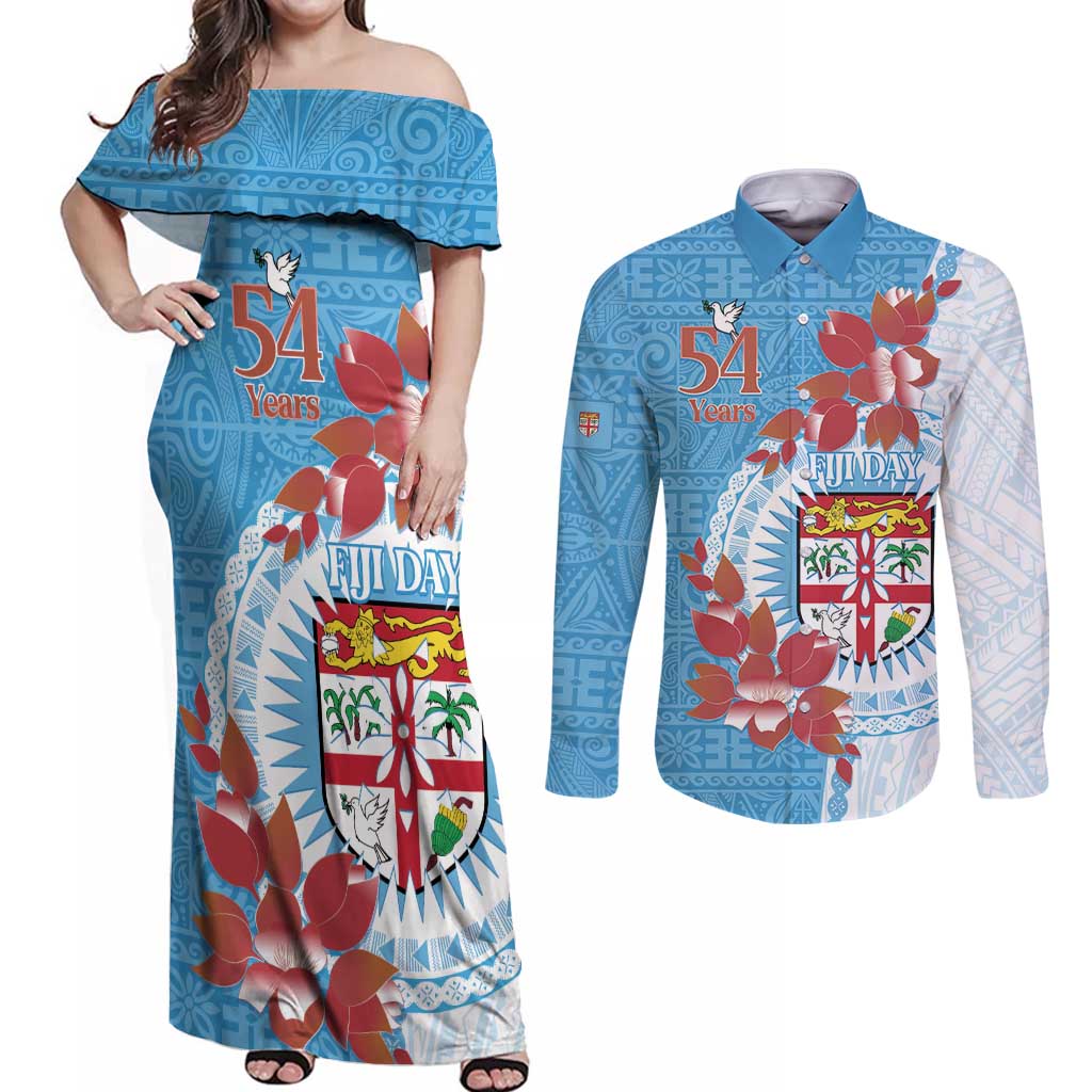 Personalised Fiji Day Couples Matching Off Shoulder Maxi Dress and Long Sleeve Button Shirt Fijian Tapa Pattern Mix Tagimoucia - Blue Version LT14 Blue - Polynesian Pride